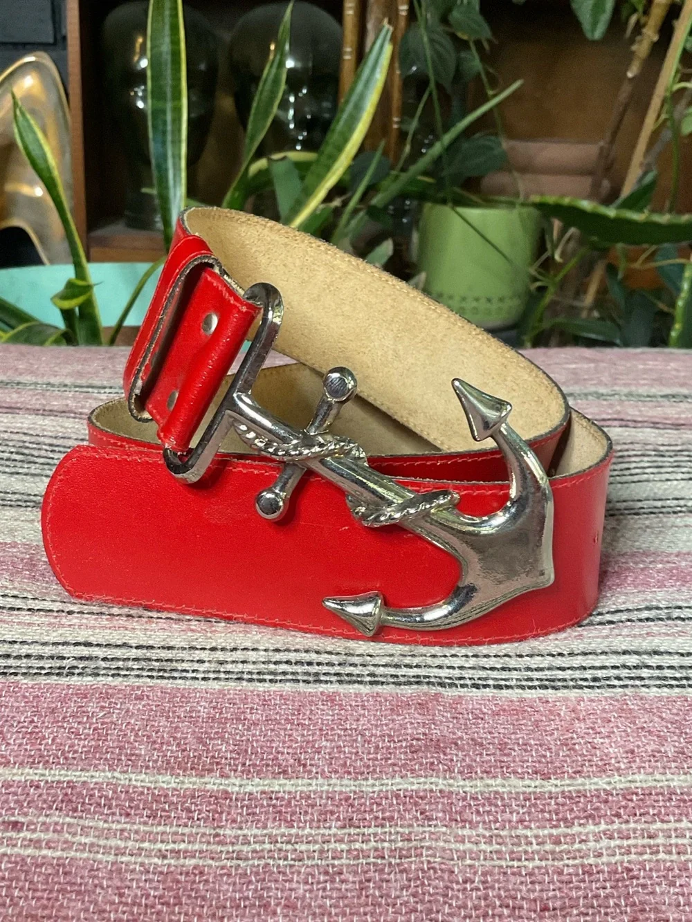 Vintage Nautical red leather anchor belt Sailor Made in USA Size Small Medium